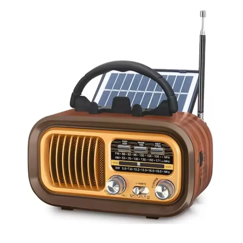 Retro Portable Radio - AM/FM/SW, Bluetooth, Solar/D Battery/USB-C, , TF/USB Playback, Vintage Sound-TCES
