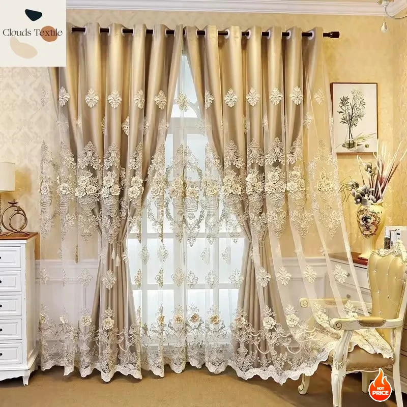 Golden Double Layer Curtains for Living Room Dining Bedroom Tulle European Embroidered Luxury Villa Windows High Shading Flower