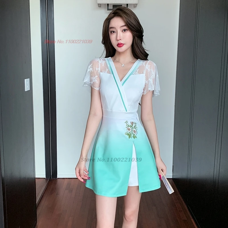 

Платье Ципао в китайском стиле для ночного клуба, банкетное платье Cheongsam с национальным цветочным принтом и v-образным вырезом, комплект Ципао + шорты, восточное рабочее платье для отеля, спа