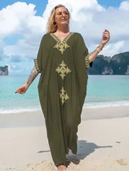 Haftowany strój kąpielowy damski narzutka okrycie plażowe Kaftan Plus Size Vneck tęcza etniczny nadruk Kaftan Batwing