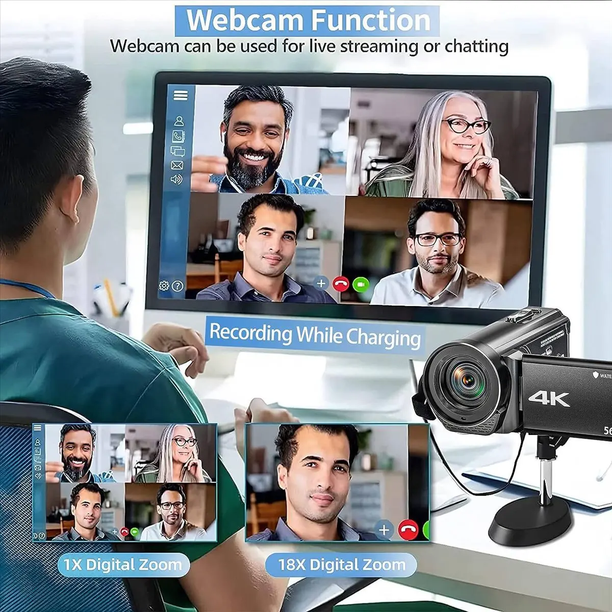 AABFK Video-Camcorder-Kamera 4K Ultra HD 56 MP 30 FPS Vlogging-Kamera, 18 x digitaler Zoom, wasserdichte Videokamera für YouTube