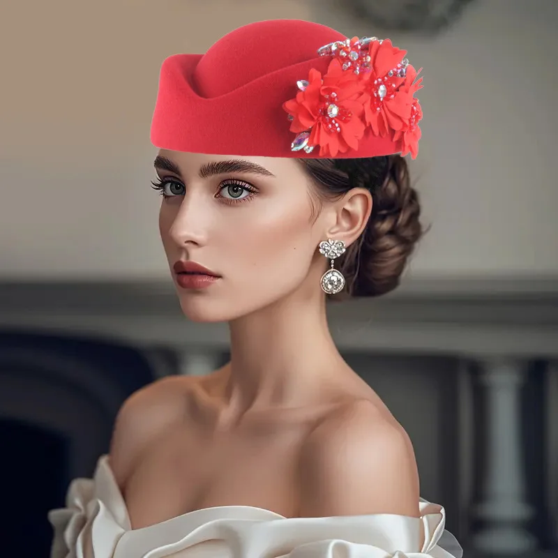Retro Wedding Hats Cocktail Evening Party America Stewardess Blue Black Cap Church Cosplay Caps Soft Touching Felt Hat Elegant