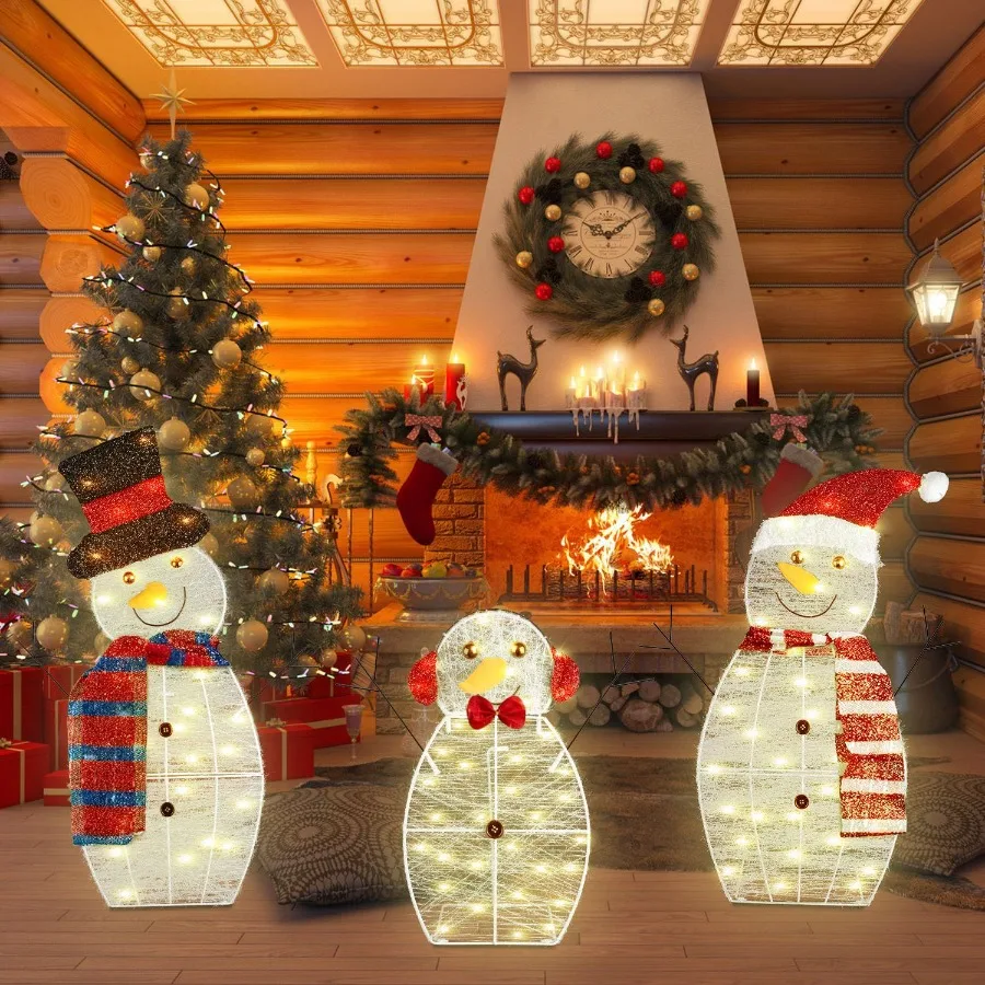 

3-Piece Christmas Snowman Family Decorations Father/Mother/Baby 2D Plush-Wrapped Metal Frame with 3×9.84ft LED String Lights (3