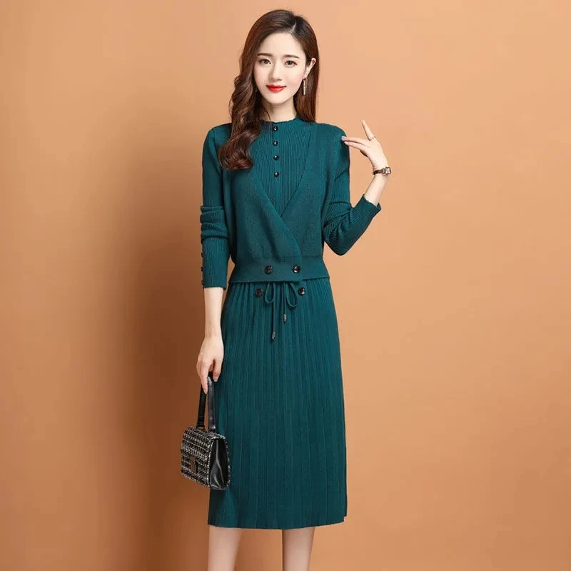 Thicken Velvet Lined Long Sleeve Knitwear Sweater Dresses Fake 2 Piece Knitted Dress Warm Winter Mid-length Elegant Vestidos