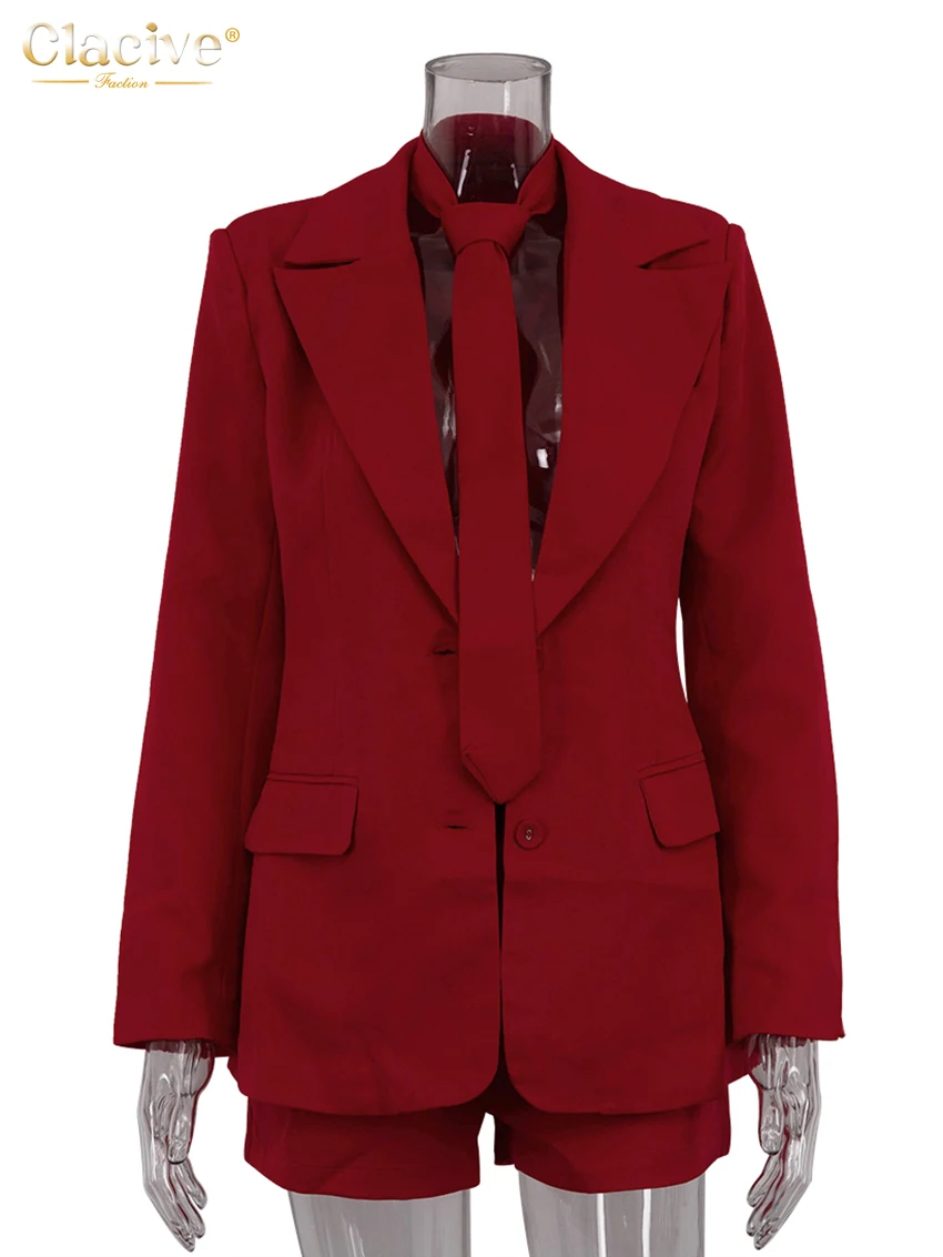 Clacive Fashion Loose Red Office Shorts Sets For Women 2 Pieces Elegant Long Sleeve Blazer With High Waist Shorts Set Female