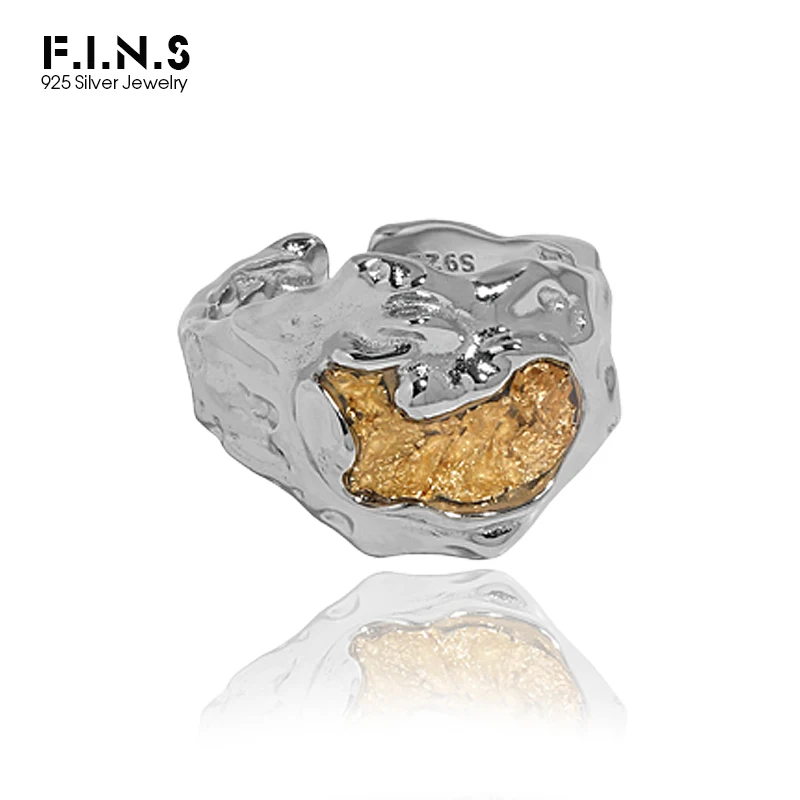 

F.I.N.S Korean Style Irregular Surface S925 Sterling Silver Gold Foil Inlaid Open Ring Wide Statement Resizable Women Fine Jewel