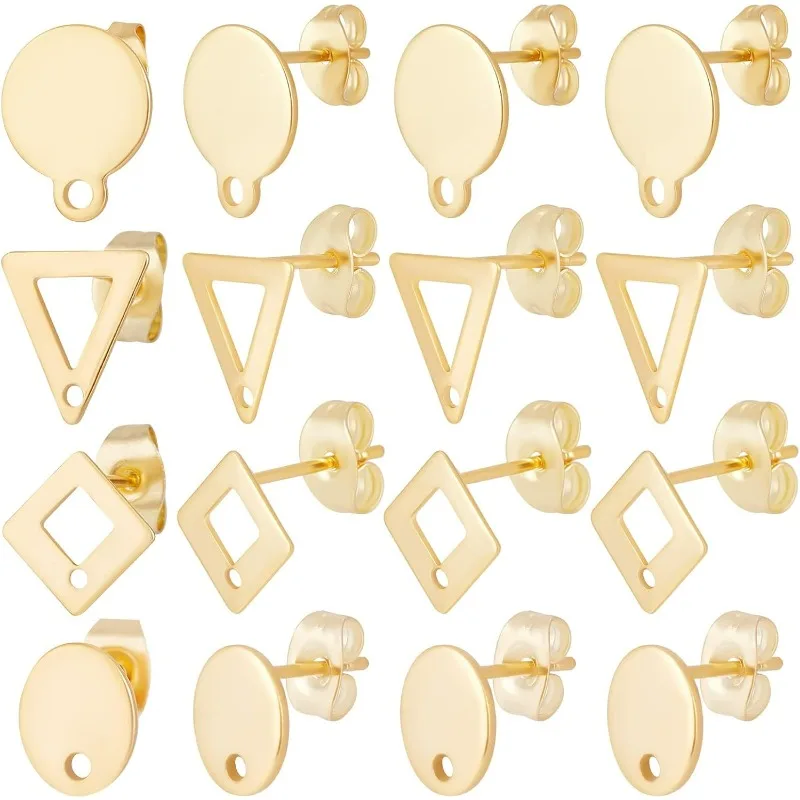 

80Pcs 4 Style 24K Gold Plated Stud Earring Findings Stainless Steel Triangle Oval Rhombus Flat Round Stud Earring Posts