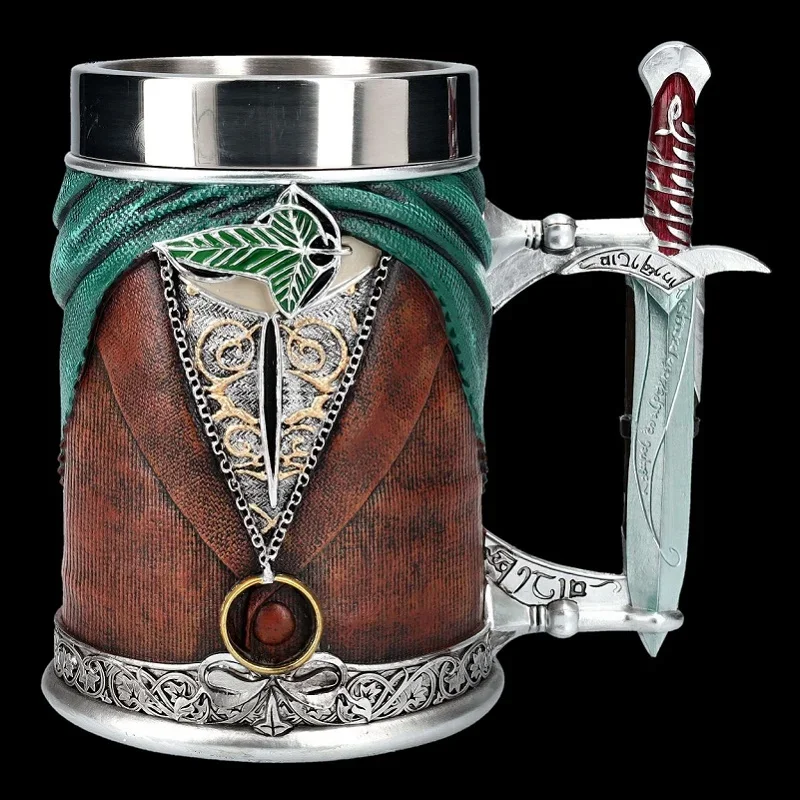 

600 мл кружка Lord Rings, пивные кружки викингов, большая емкость, смола, нержавеющая сталь, креативная ручка с мечом, бар, вино, кофе, посуда для напитков, чашка