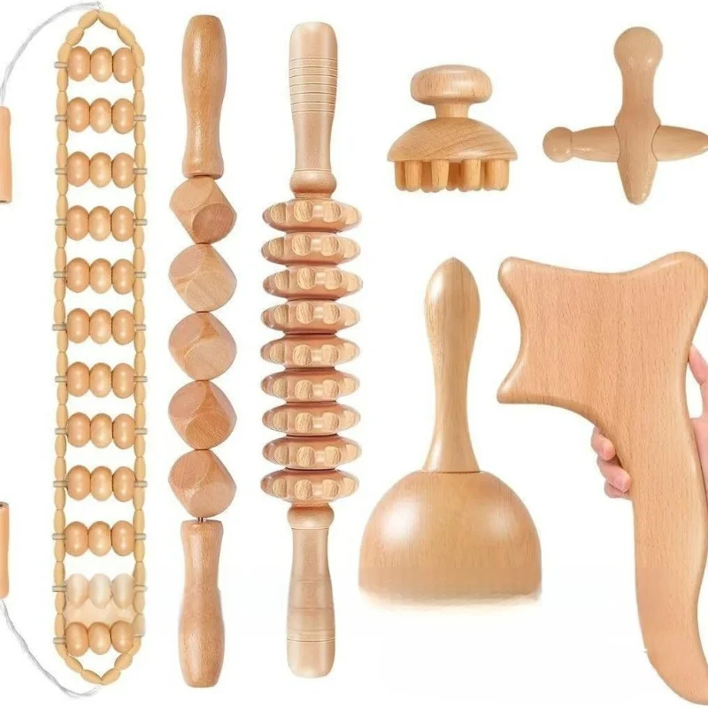 Kit de Maderoterapia de 6 Piezas, Herramientas de Masaje, Rodillo de Madera para Masaje, Rodillo Gua Sha de Madera, Masajeador Manual de Fascia de Madera