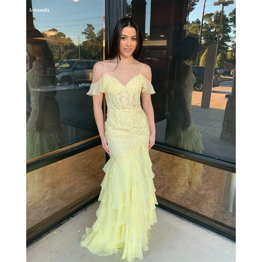

Amanda Customized Spaghetti Strap Off Shoulder Embroidery Prom Dresses Tiered Ruffle vestidos de noche Trailing Formal Evening