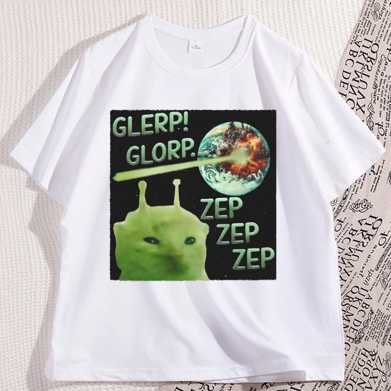 

Glerp Glorp Funny Alien Cat T Shirt Casual Woman and Man T-shirt Weird Short Sleeve Silly Cats Tee Cotton Round Neck Clothes