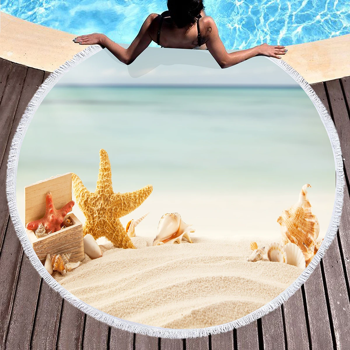 Beach Starfish Shell Round Beach Towel, Microfiber Beach Blanket, Absorbent Quick Dry Sand Free Pool Towel Portable Picnic Mat