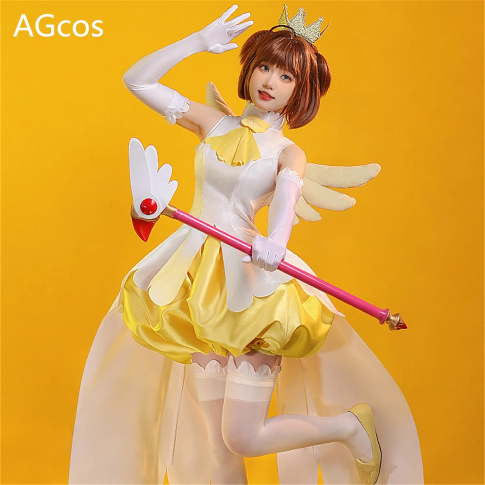 AGCOS Card Captor KINOMOTO SAKURA Battle Suit Yellow Dress Cosplay Costume Christmas Lovely Clothes Cosplay