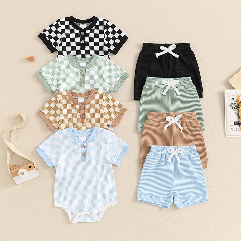 

2024-03-27 Lioraitiin 0-18M Baby Boys Summer Outfits Checkerboard Buttons Short Sleeve Romper and Shorts 2Pcs Clothes Set