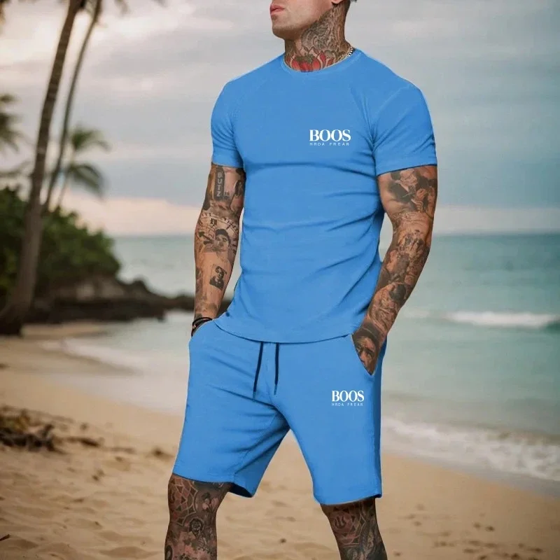 Men's Embroidered Cotton Round Neck Short Sleeved Shorts Set, New Fashionable and Casual Multifunctional Beach Set