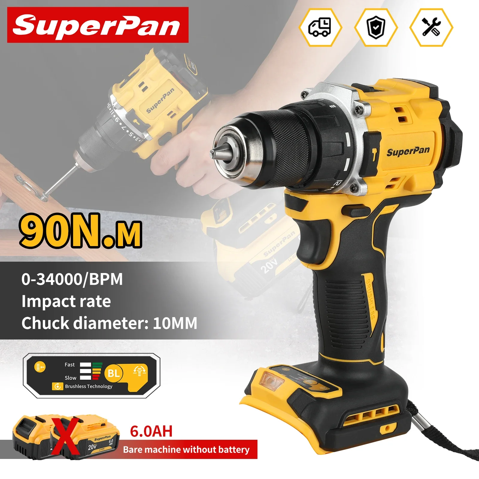 

Superpan805 Бесщеточный двигатель 20 В для сверления по дереву, эргономичная ручка, электроинструменты со светодиодной подсветкой, аккумуляторная дрель - патрон 13 мм, крутящий момент m, 55 мм