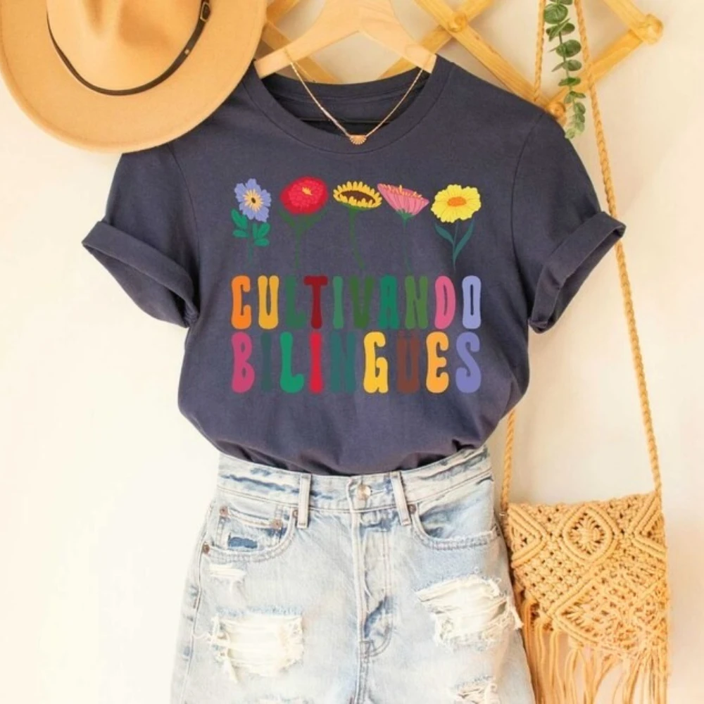 Cultivando Bilingues قميص الأزهار Maestra Bilingue التي شيرت لغة مزدوجة المعلم تي شيرت المعلم الإسباني هدية المحملة المرأة القطن T