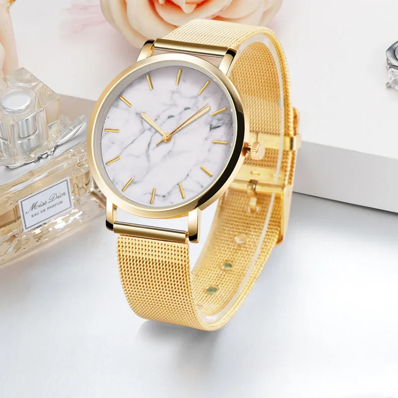 Fashion Marble Crack Watches Women Luxury Gold Watches Mesh Band Quartz Wristwatches Ladies Relogio Feminino Dames Horloge