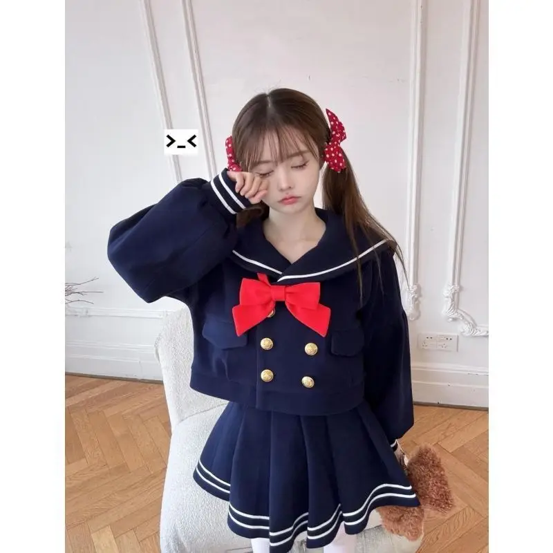 Japanse preppy stijl kawaii dames tweedelige set chique strik marine kraag tops + hoge taille minirok zoete vrouw outfits 2025
