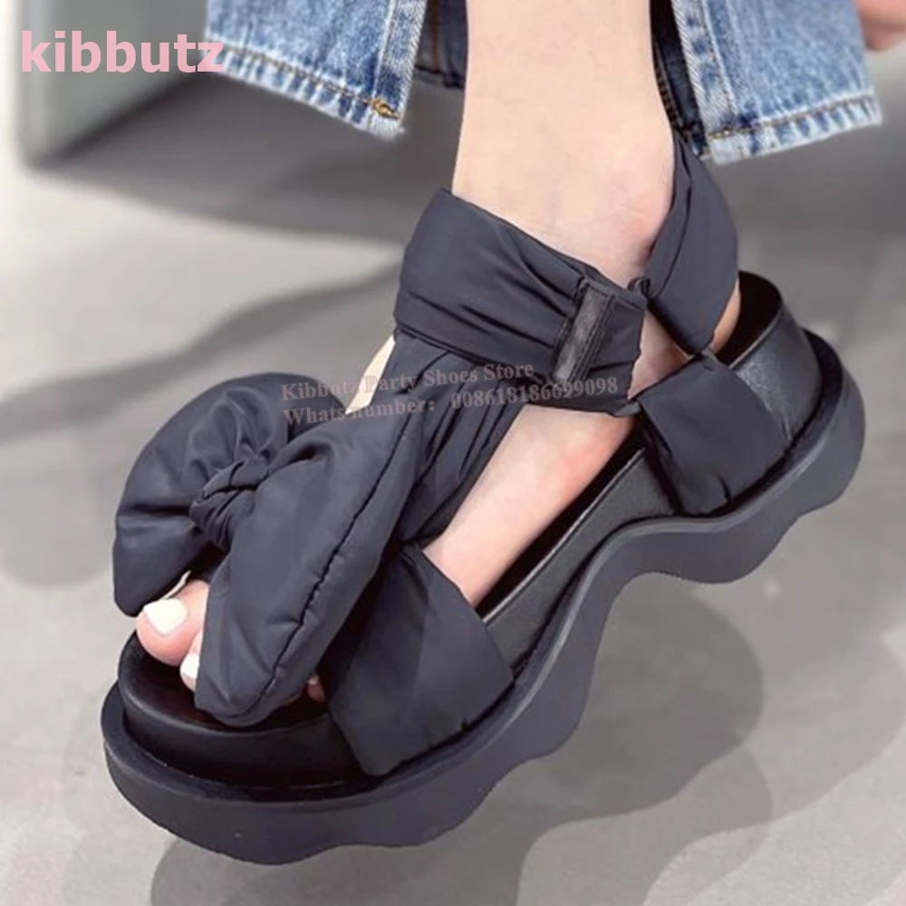 

Soft Fabric Bow Muffin Sandals Solid Color Black Round Toe Height Increasing Fashion Concise Summer Elegant Women Shoes Newest