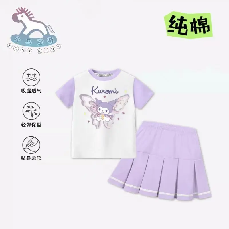 

Girly Heart Kawaii Sanrio Anime Cinnamoroll Kuromi Pleated Skirt Shirt Set Summer Cute My Melody Print Short Sleeve Dress Gifts