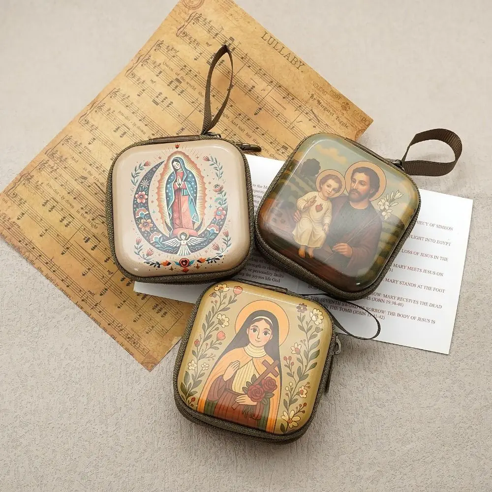 Portable Virgin Mary Prayer Rosary Storage Bag Zippered Cartoon Religious Articles 7x7cm Elegant Christian Gift Devotees