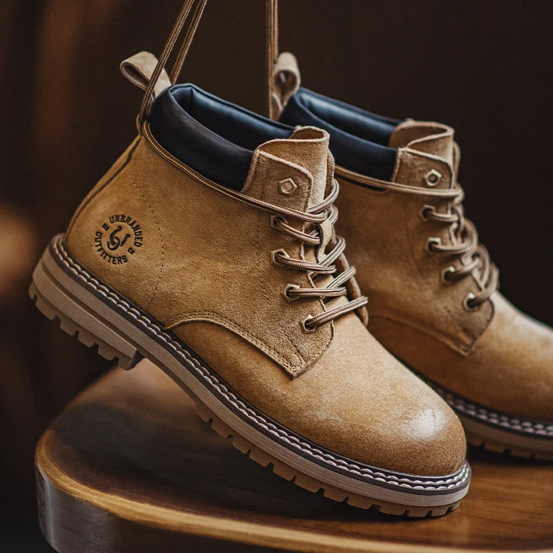 

Maden Retro Yellow High Top Boots Men's Autumn and Winter Elevator Lace Up Shoes Casual Outdoor Suede Leather Mixed Work Boots