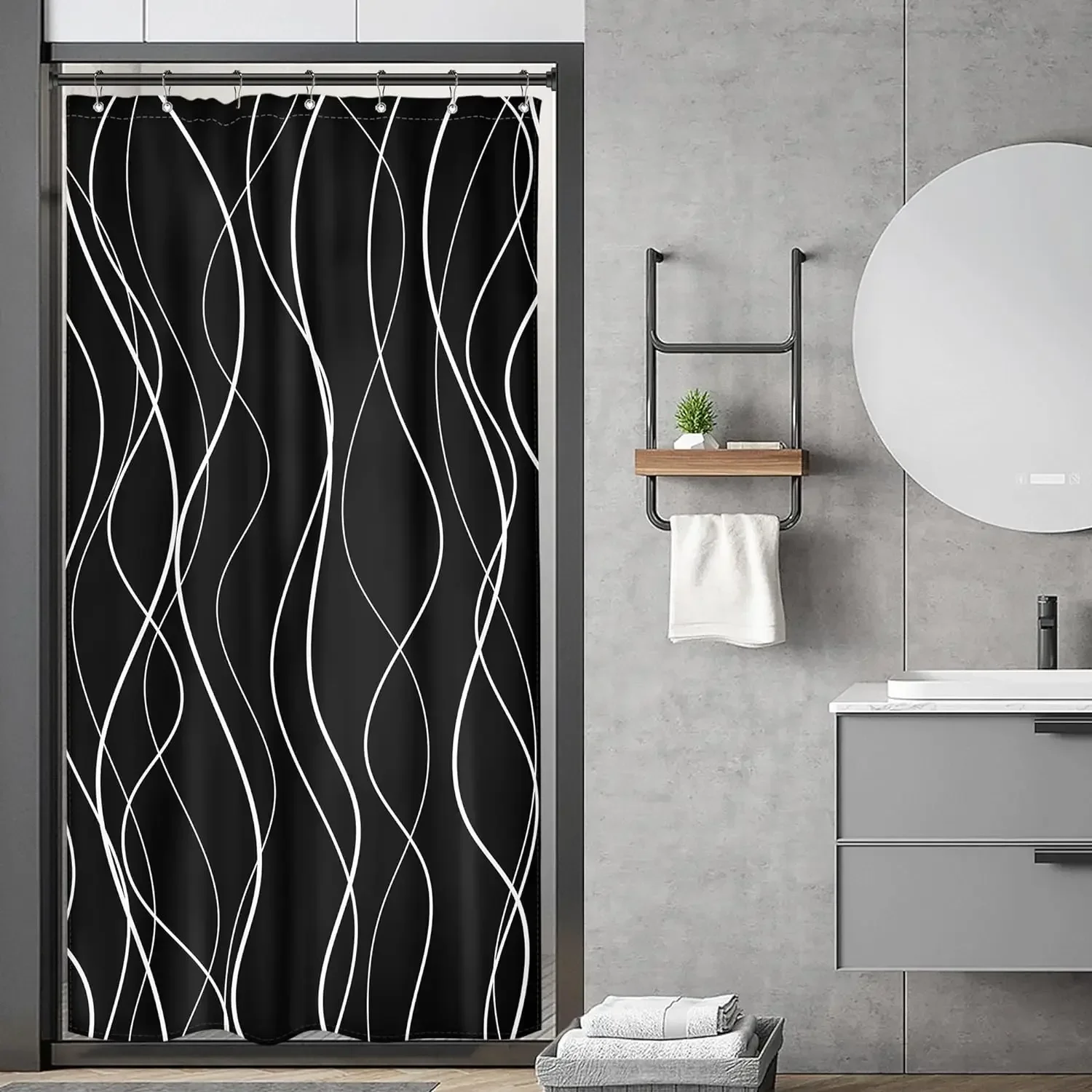 Modern Geometric Shower Curtain with Abstract Black and White Lines Minimalist Curves Bohemian Minimalist Bathroom Decoration