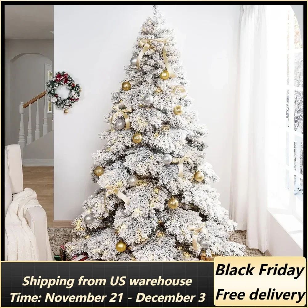 6.5ft Snow Flocked Christmas Tree with Lights, Realistic Frosted Christmas Tree Prelit with 892 Branch Tips