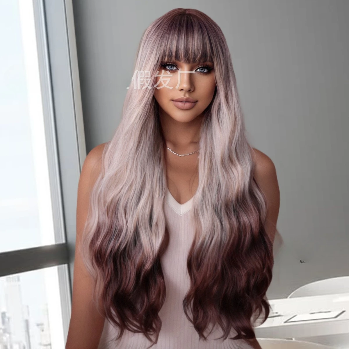 

European and American new wigs gradually change Qi bangs gray and coffee brown wavy roll high temperature chemical fiber silk