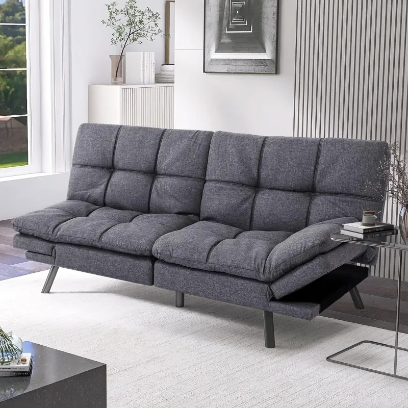 Convertible Futon Sofa Bed,Gray Fabric Memory Foam Loveseat,Small Euro Lounger Sofa for Compact Living Spaces,Apartment