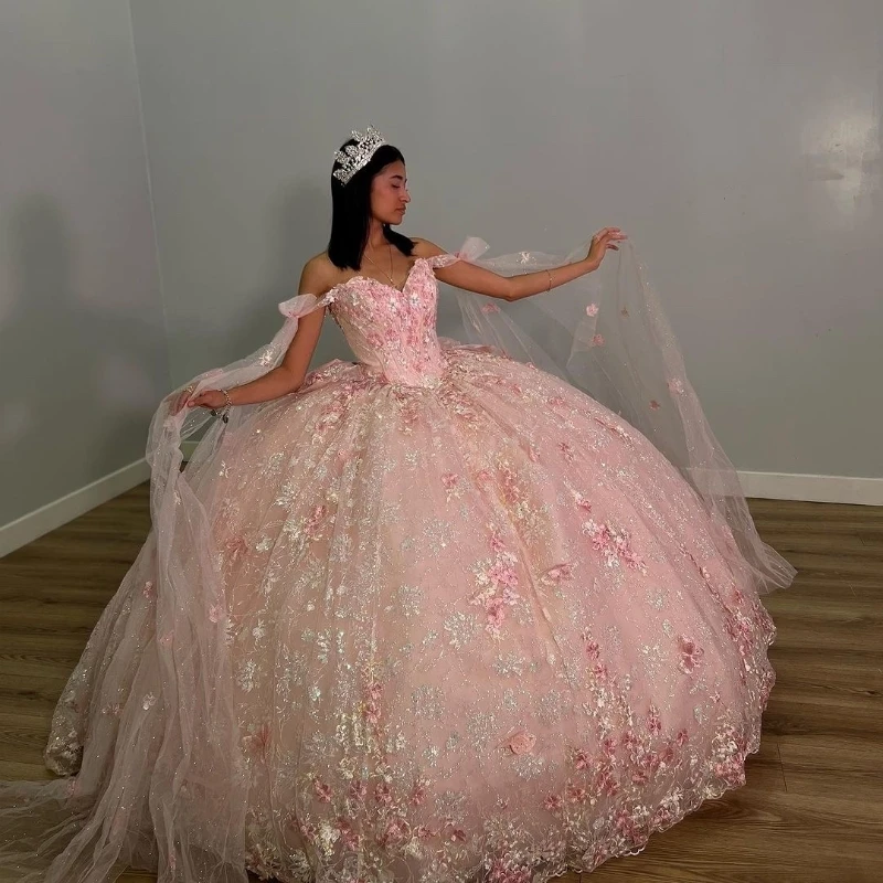 Lorencia-فستان أميرة وردي على شكل قلب ، عاري الكتفين ، مزين بالخرز ، فستان Quinceanera ، 15 سنة ، YQD277