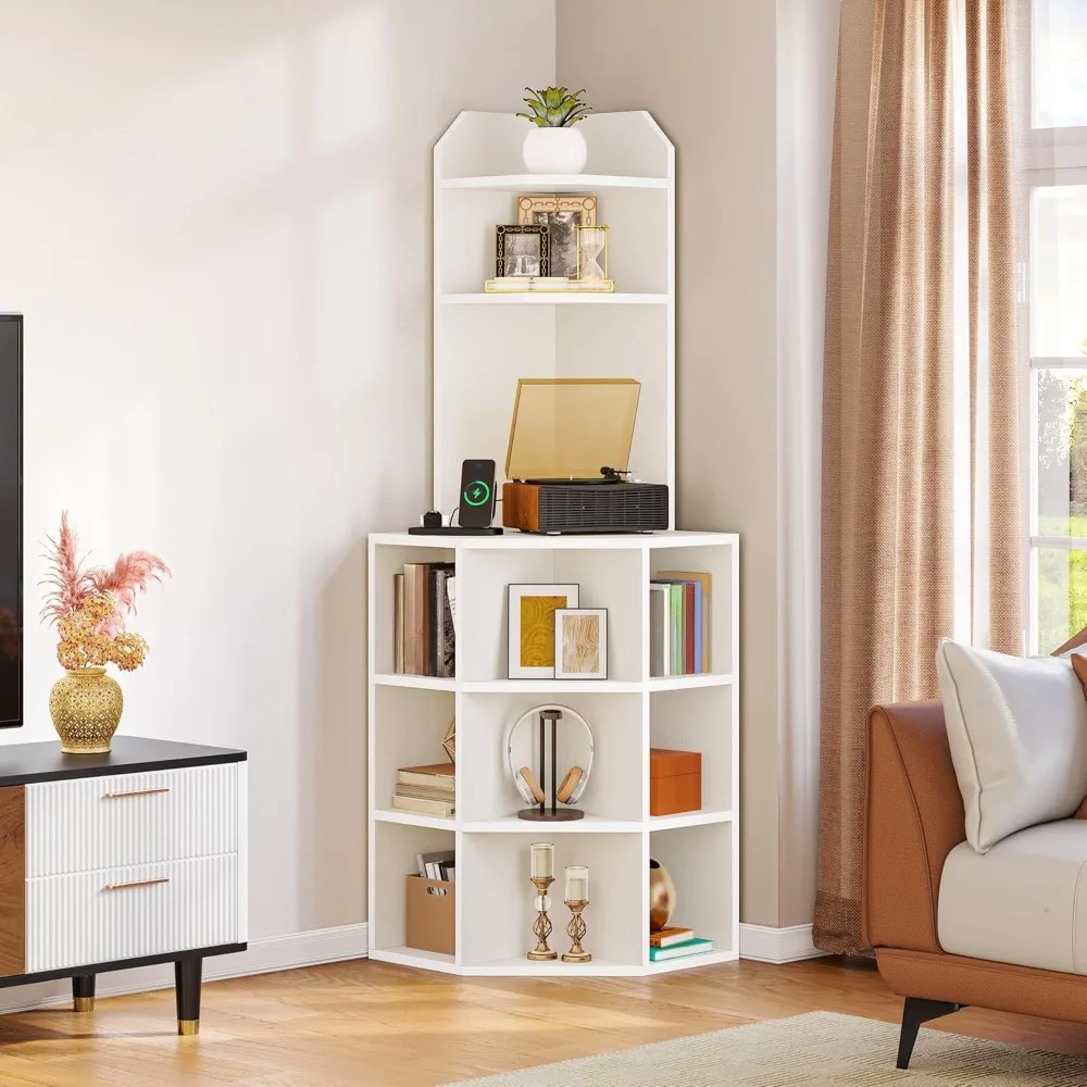 

Corner Shelf with USB Ports & Outlets, Modern Corner Storage Cabinet Rack Charging Station, Wooden Display Bookshelf Bo