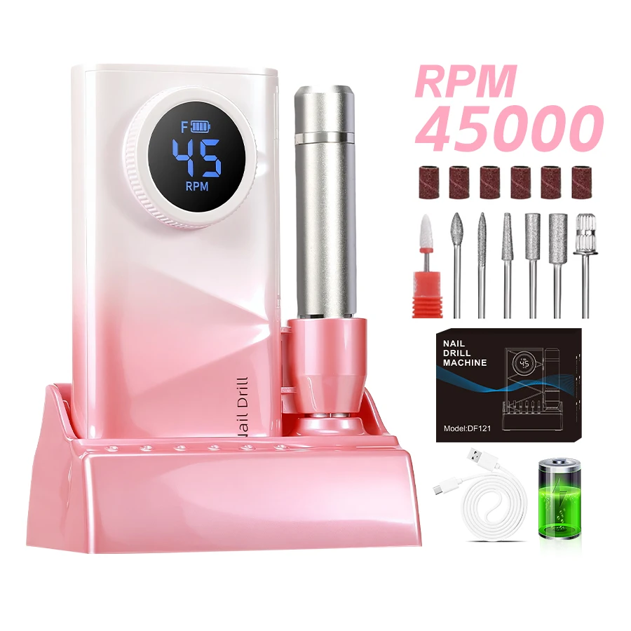 Professional Nail Drill Kit With Charging Dock, 45000RPM Cordless Electric Nail File With LCD Display, Rechargeable 4500mAh Battery Nail Efile For Acrylic & Gel Nails, Manicure Pedicure, Salon & Home Use