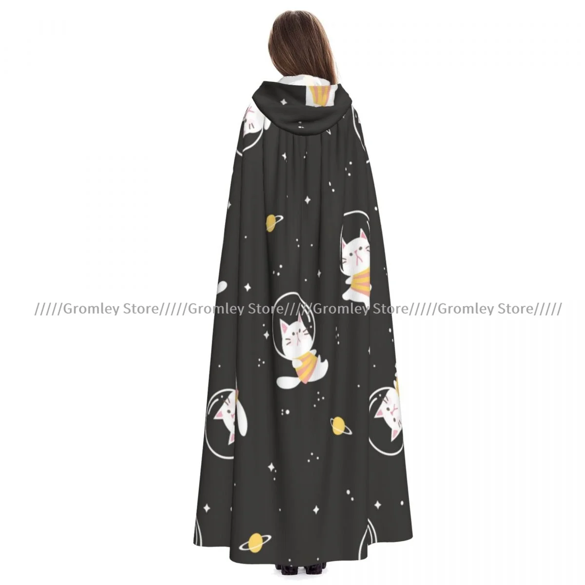 Unisex Halloween Cloak Cartoon Cat Floating In The Space Area With Star Cape Hooded Medieval Costume Witch Wicca Vampire