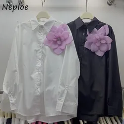 Neploe New Moda Turn-down Collar Long Sleeve Solid Shirt Single Breasted Bow 3D Flower All-match Blouses Summer Casual Fresh Top