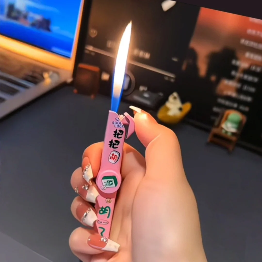 Pink Slim Pen Shape Gas Lighter Rotatable Mahjong Ornament Fortune Blessing Print Festive Novelty Pocket Gadget Glossy Long Body