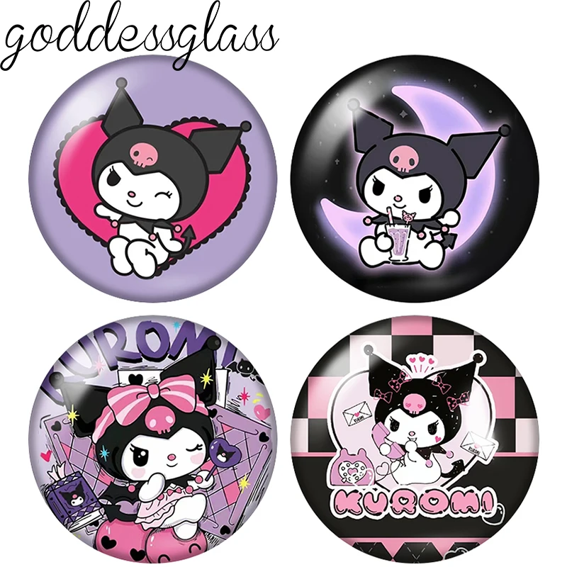 Kuromi Magic Melody Lila Cartoon Runde 12mm/18mm/20mm Fotoglas-Cabochons mit flacher Rückseite für Schlüsselanhänger und Schmuckherstellung