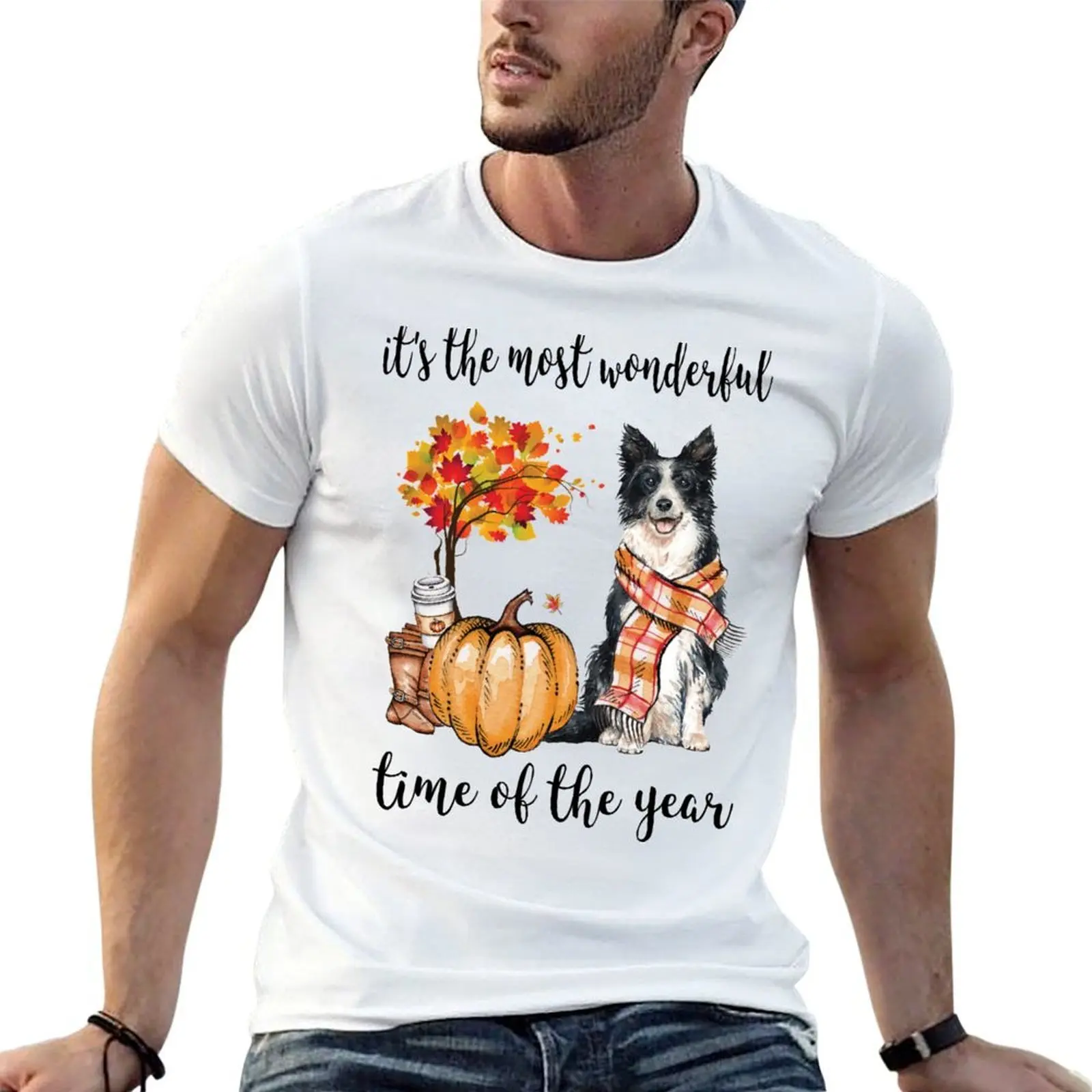 Border Collie Dog and Autumn T-Shirt t shirts for man graphic tees man t shirts for men anime tshirt T-shirt