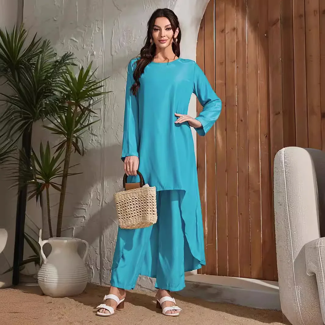 Women Muslim Two Piece Set Elegant Solid Color Irregular Long Shirt Top Wide Leg Pant Robe Abaya Dubai Dress Kaftan Outfits Suit