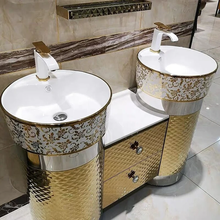 Luxury Golden Floor Standing Mirror Cabinets Single Sink Stainless Steel Bathroom Vanities