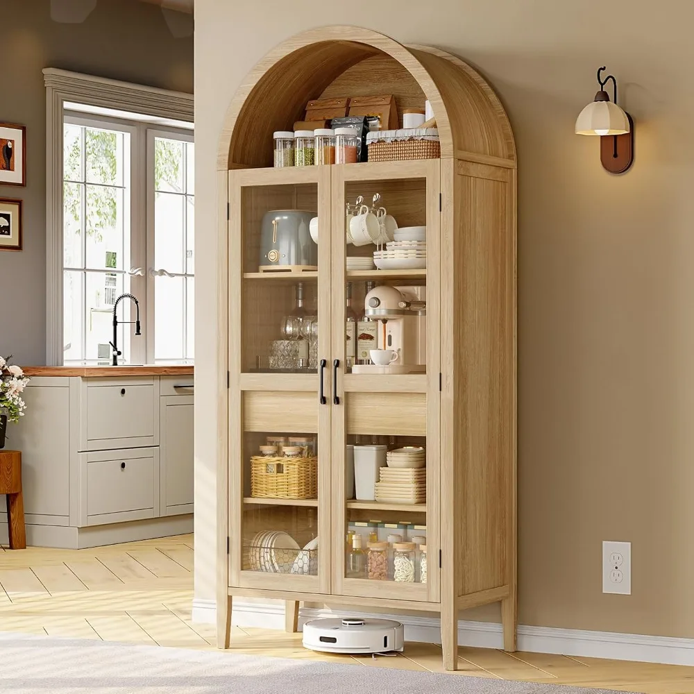 

71" Tall Arched Cabinet, 5-Tier Arched Kitchen Pantry with Glass Doors & Drawer, Modern Display Pantry Cabinets with Adjustable