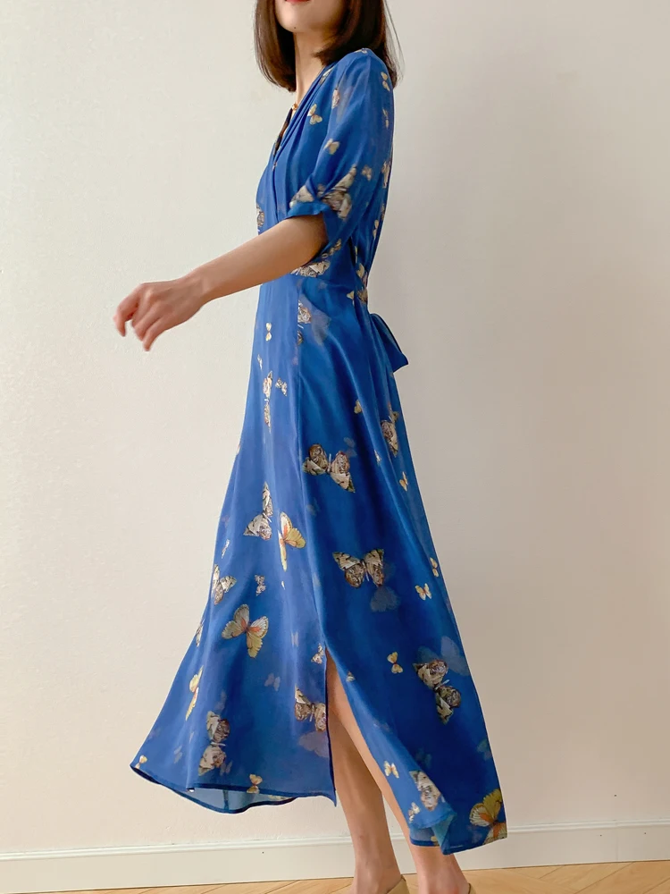 SuyaDream – robe portefeuille Maxi en crêpe De soie pour femmes, tenue longue imprimée, col en V, bleue, vêtements De vacances, printemps et été 100%, 2023