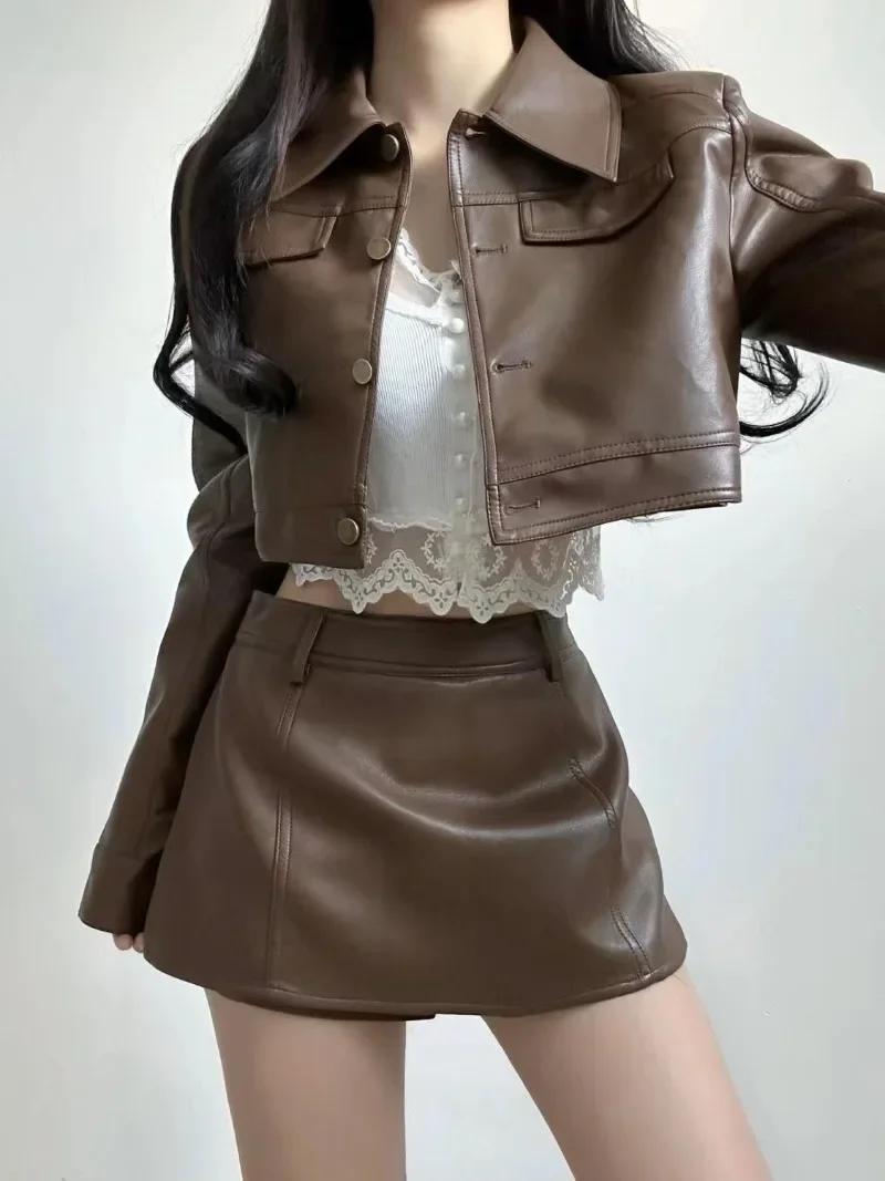 Retro Polo Collar Leather Coat Skirt Two Piece Set Women Cool Temperament Solid Single Breasted Fashion Short Slim Spring Suit