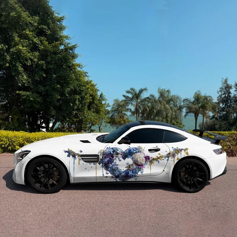 Blue Yellow Flower Heart Car Vinyl Wraps Decal Self-adhesive PVC Sticker Suitable for Trucks SUV Decor Auto Accessories Gift