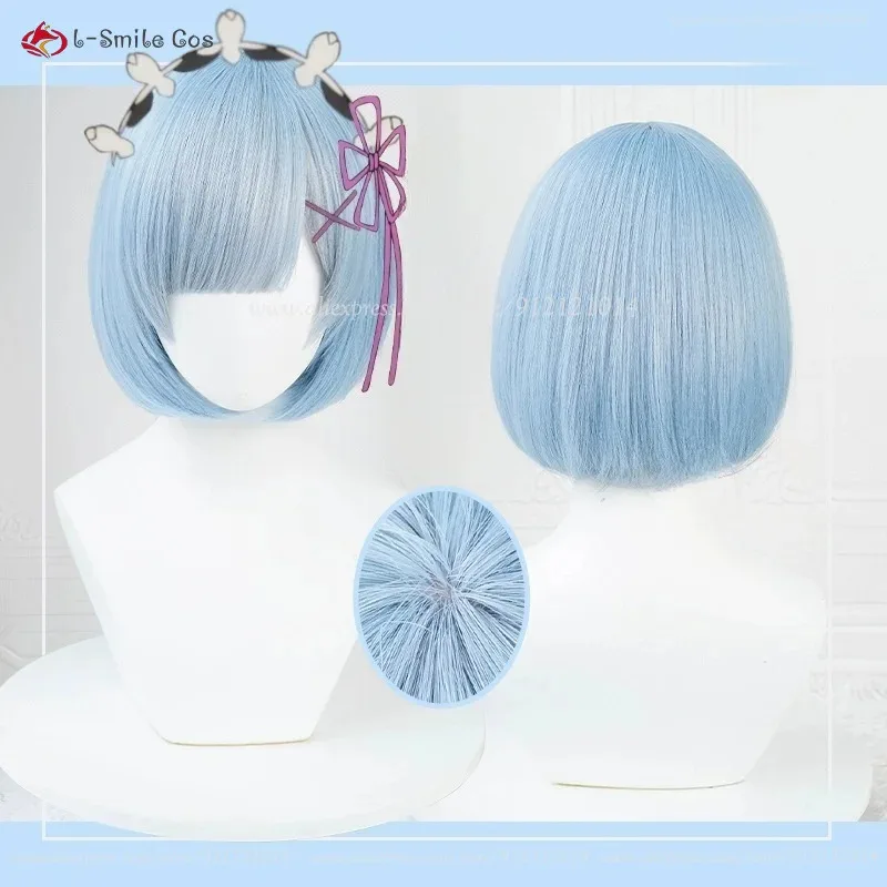 Rem/Ram คอสเพลย์วิกผม 30 ซม.สีฟ้า/สีชมพูวิกผมคอสเพลย์อะนิเมะคอสเพลย์วิกผมสังเคราะห์ทนความร้อนผมฮาโลวีน + หมวกวิกผม