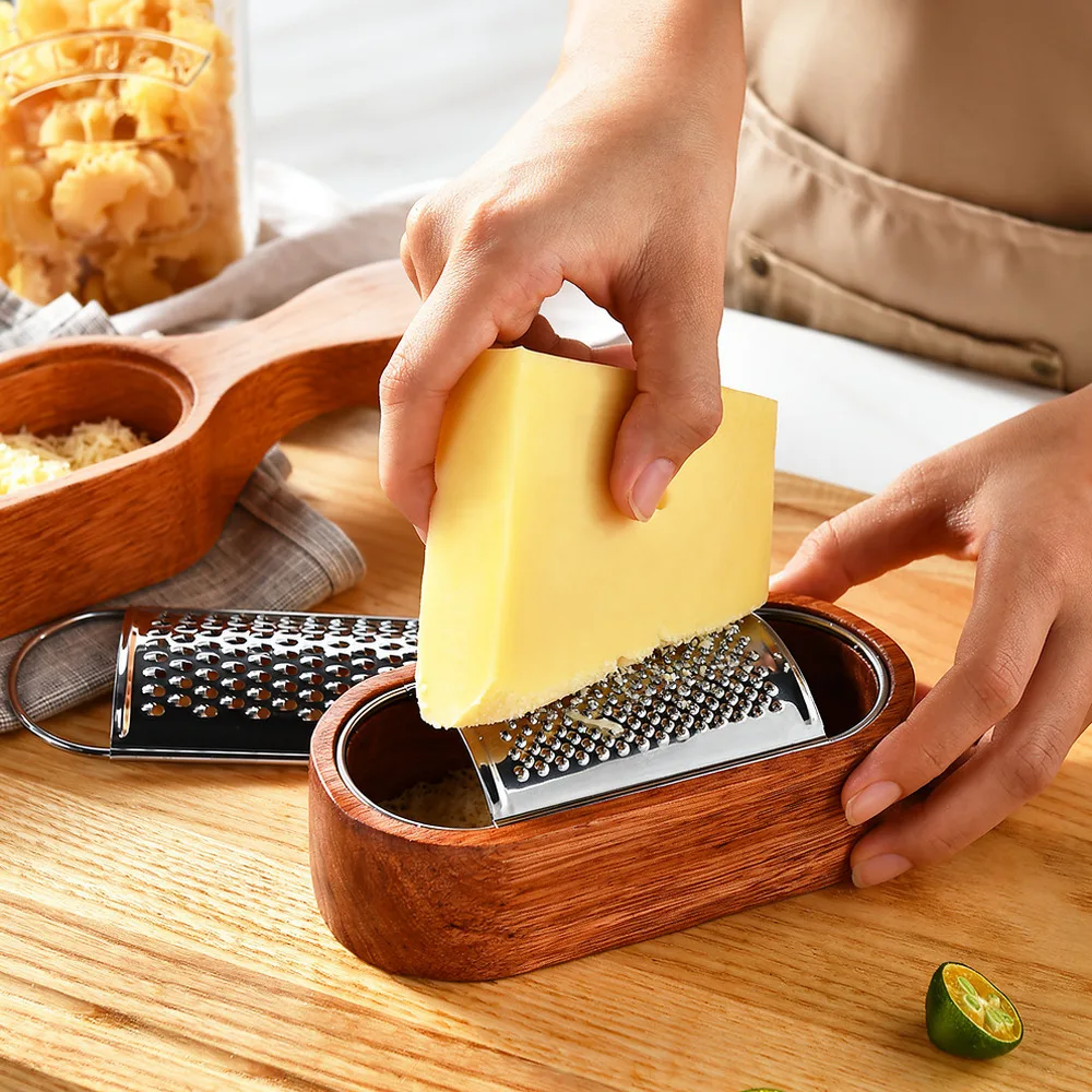 Durable Cheese Grater Stainless Steel Blade Wood Base Container Shredder Kitchen Tool For Pasta Salad Cooking