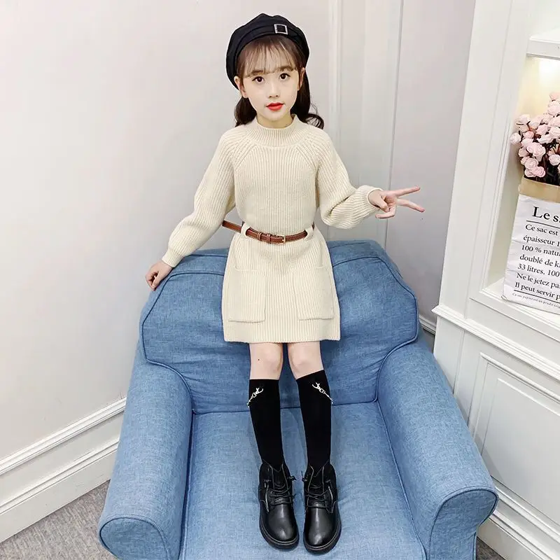 

Girls' Red Autumn/Winter New Arrival Sweater Dress Knitted Top - Long Length Versatile Winter Base Layer for 4-12 Years Old
