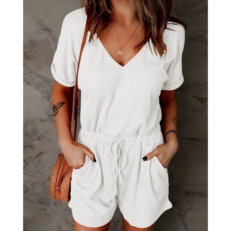 

Women's casual shorts jogging jumpsuit spring/summer 2023 new casual V-neck flip over sleeve pocket solid short sleeved jumpsuit