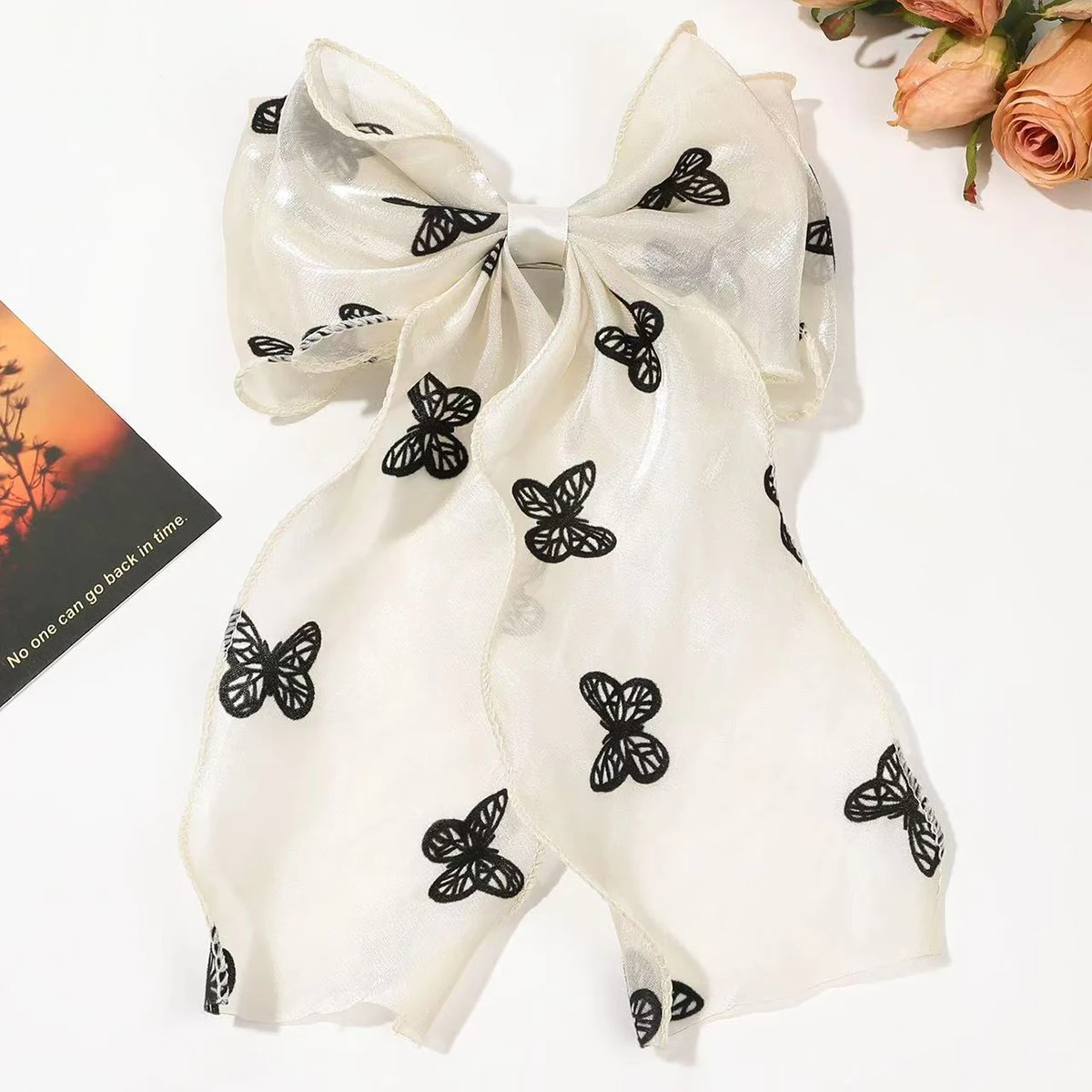 Beige bright silk yarn ribbon bow ribbon hairpin, high-quality polka dot heart rose butterfly pattern spring clip hair ornament